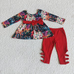 Promotion $5.5/set no MOQ RTS yellow truck long sleeve shirt and red pants girls outfits