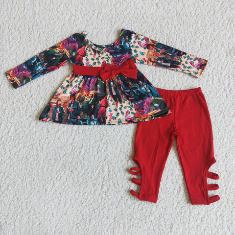 Promotion $5.5/set no MOQ RTS yellow truck long sleeve shirt and red pants girls outfits