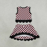 GSD4288 girls team red checkered sleeveless skirt bow outfits yoga