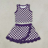 GSD4251 girls purple plaid sleeveless scalloped skirt outfits yoga