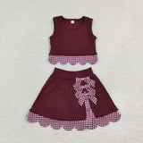 GSD4266 girls red checkered bow sleeveless scalloped skirt outfits yoga