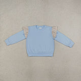 GLS0216 baby girls blue long sleeve ruffle shorts outfits cotton