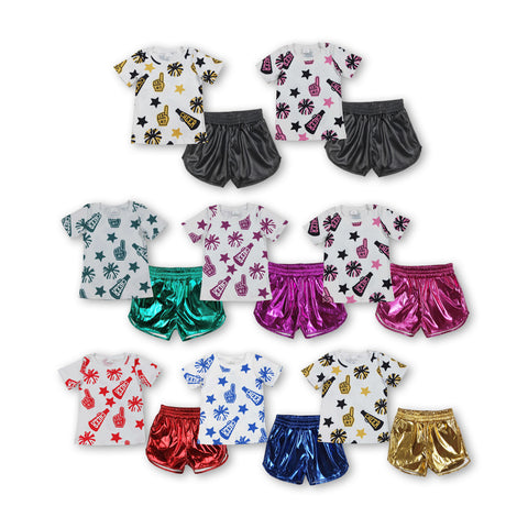 RTS girl clothes girl summer set  colorful cheer girl summer leather shorts set