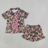 Matching Baby girls camo branch button bow short sleeve summer pajamas
