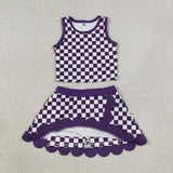 GSD4251 girls purple plaid sleeveless scalloped skirt outfits yoga