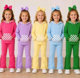 Sample girls purple long sleeves plaid hooded ruffle pants outfits