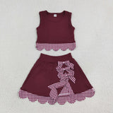 GSD4266 girls red checkered bow sleeveless scalloped skirt outfits yoga