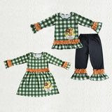 Matching baby girls Scarecrow green plaid clothing embroidery