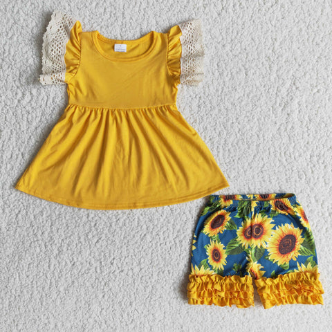 A10-24 Clearance Girl Yellow Sunflowers Shorts Outfit-promotion 2024.2.24