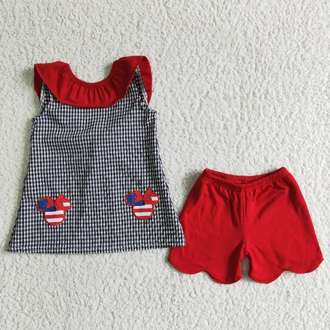 A15-5 Girl Plaid Cartoon Embroidery Sleeveless Red Short Outfit-promotion 2024.4.20