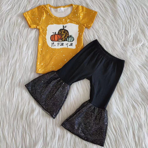 A2-12 Girl Pumpkin Solid Sequin Outfits-promotion 2025.9.27
