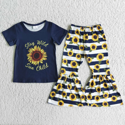 A2-3 Promotion $5.5/set no MOQ RTS sunflower short sleeve shirt and pants girls outfits
