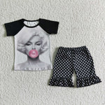 Clearance Girl Print Shirt Black Polka Dot Short Outfit