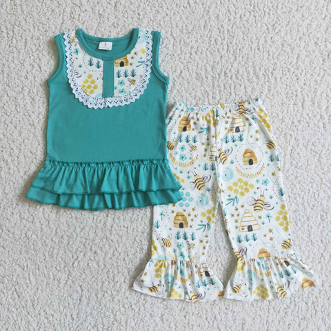 A8-12 Girl Green Sleeveless Bee Pant Outfit-promotion 2024.2.24