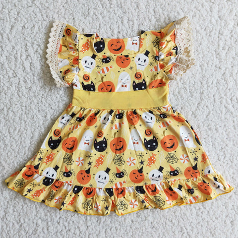 Promotion $5.5/set orange and yellow Halloween short sleeve girls dress