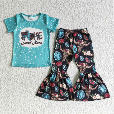 B17-28 Sweet home girls cow print turquoise western outfit-promotion 2024.6.8
