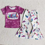 Promotion $5.5/set no MOQ RTS purple short sleeve shirt and pants girls outfits