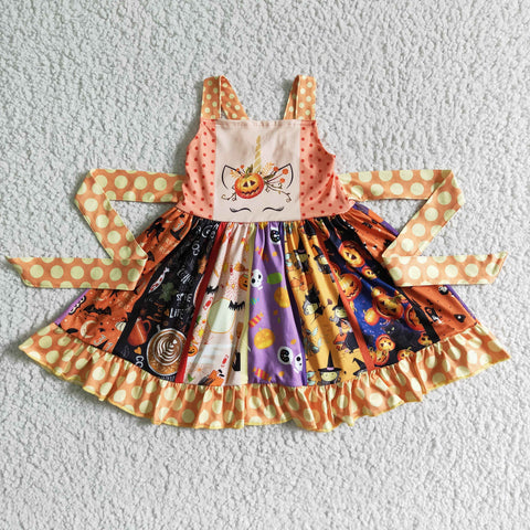 Clearance girl pumpkin strap belt twirl dress