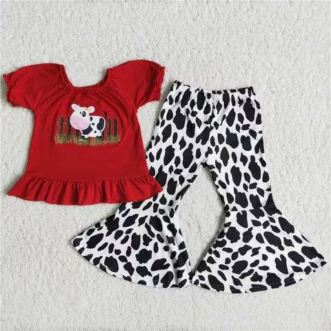 Promotion $5.5/set no MOQ RTS red short sleeve shirt and pants girls outfits