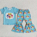 Promotion $5.5/set no MOQ RTS blue short sleeve shirt and pants girls outfits