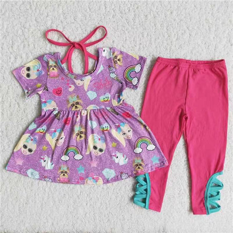 Promotion $5.5/set no MOQ RTS purple short sleeve shirt and pants girls outfits