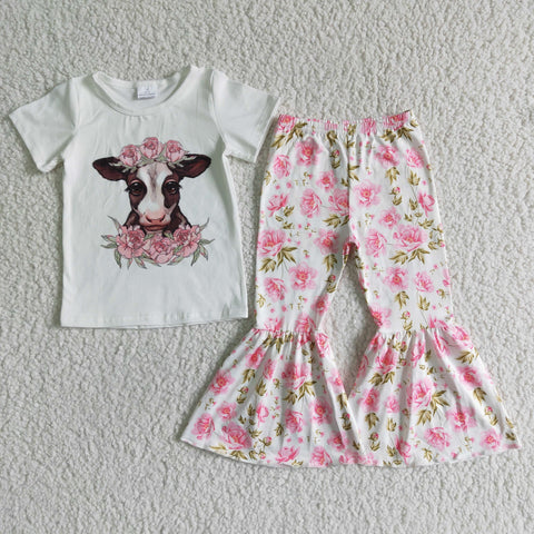 B7-11 Promotion $5.5/set no MOQ RTS cow flower short sleeve shirt and pants girls outfits