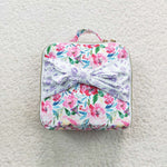 Little girl floral bow zipper square shaped lunch box