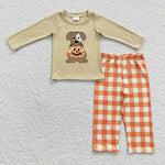 Boys halloween pumpkin embroidery 2pcs orange plaid pants set