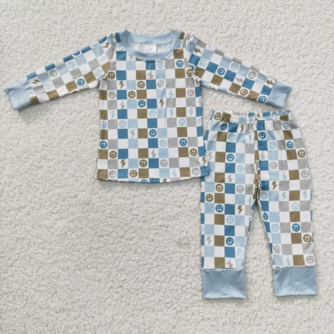 Smile face checkered pattern kids boys outfit