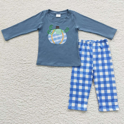 Little boys stitch pumpkin blue plaid pants fall outfit
