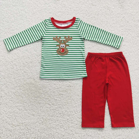 Reindeer applique green striped boy christmas outfit
