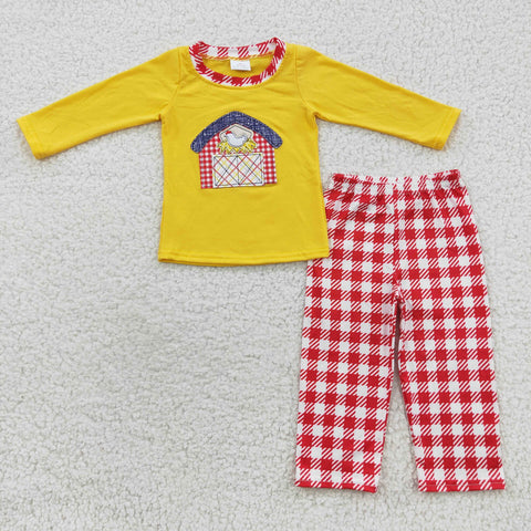 Boys applique yellow top red plaid pants outfit