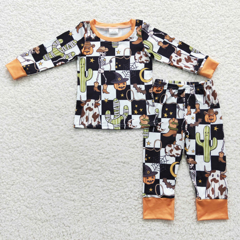 Halloween cactus paumpkin checkered outfit for boys