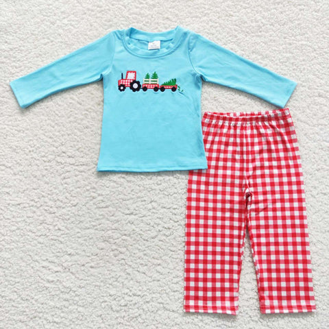 Boy tractor embroidery christmas red plaid pants outfit