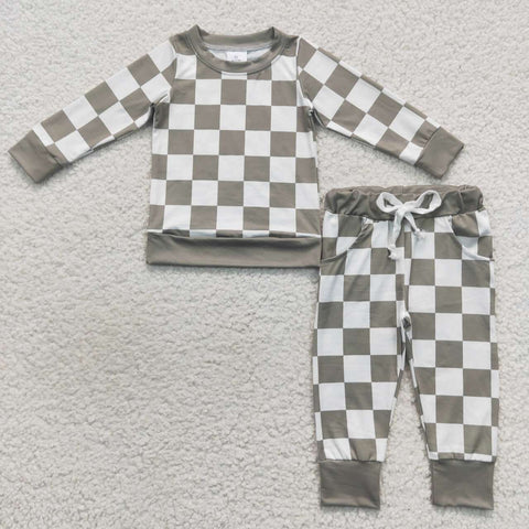 Kids boy green plaid long sleeve outfit