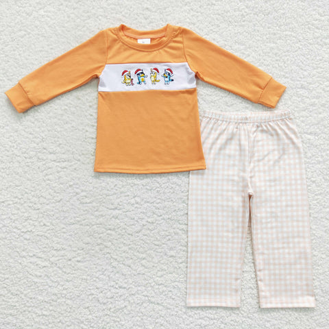 KIds boy cartoon dogs embroidery plaid pants outfit