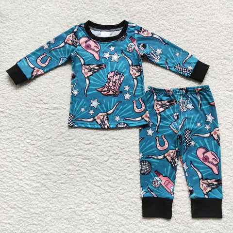 Blue cow star boots baby girl pajamas set
