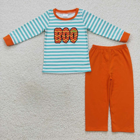 Boy boo applique striped top orange pants halloween outfit