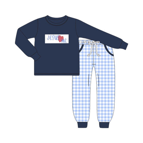 10.4 Pre-order BLP1313  boys Easter Jesus navy long sleeve blue checkered pant outfits
