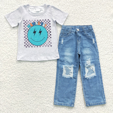 Kids boys smile pattern blue ripped jeans outfit