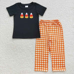 Candy corns embroidery boy fall plaid pants outfit