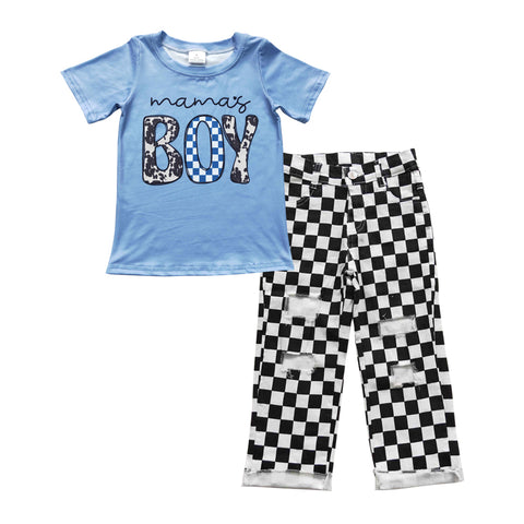 Mama's boy blue t shirt black checkered pants outfit