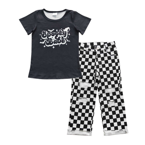 Spooky babe baby boys black checkered pants set