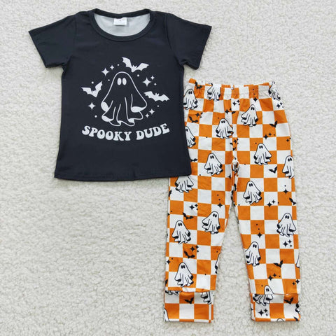 Spooky dude halloween ghost boys orange checkered pants outfit