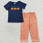 Boy fall pumpkin embroidery navy top orange plaid pants outfit