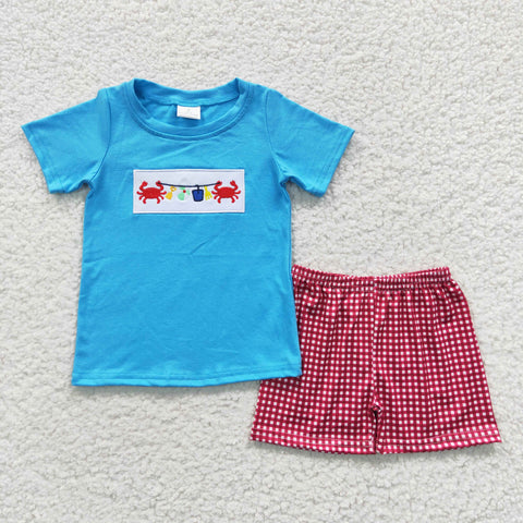 Baby boys embroidery plaid short set