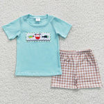 Fish embroidery kids plaid short set