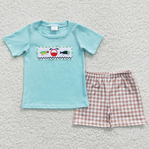 Fish embroidery kids plaid short set