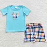 Little boys rooster embroidery blue plaid set