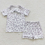 Grey leopard kids boys white short pajamas set